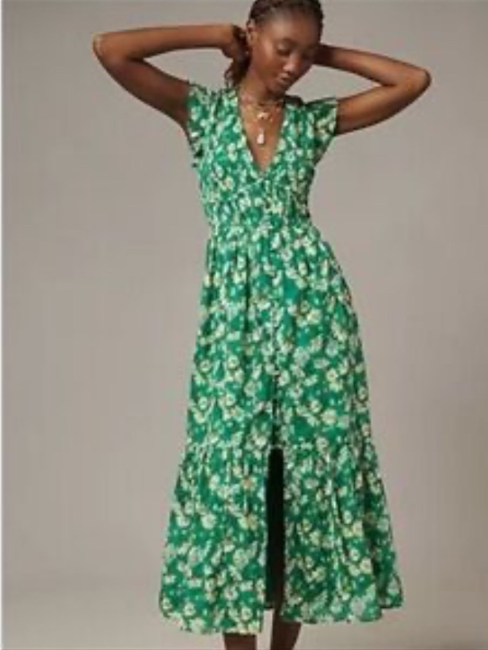 Anthropologie The Peregrine Dress Green Floral Daisy Flutter Sleeve Size M NWT